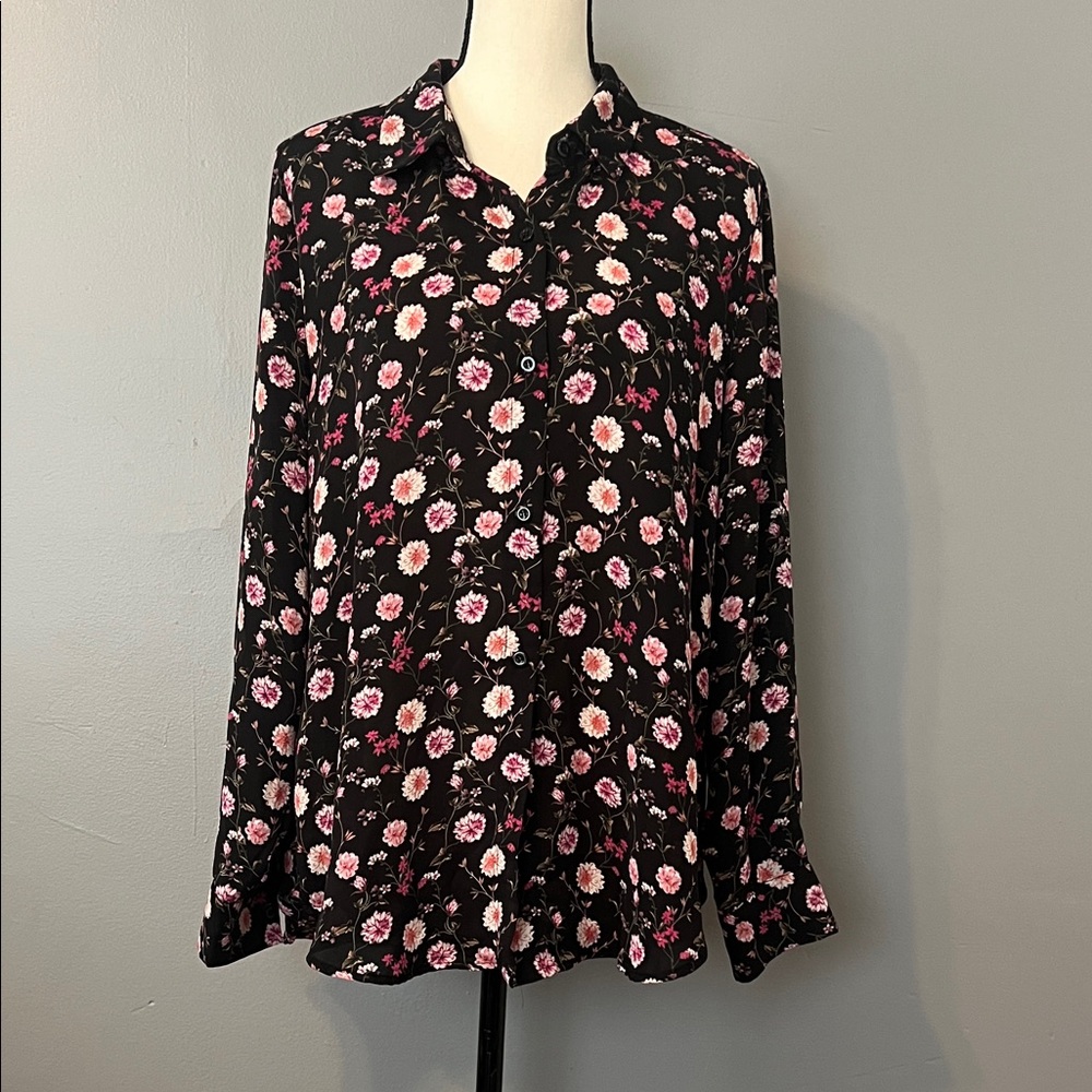Tahari Black and Pink Floral Blouse